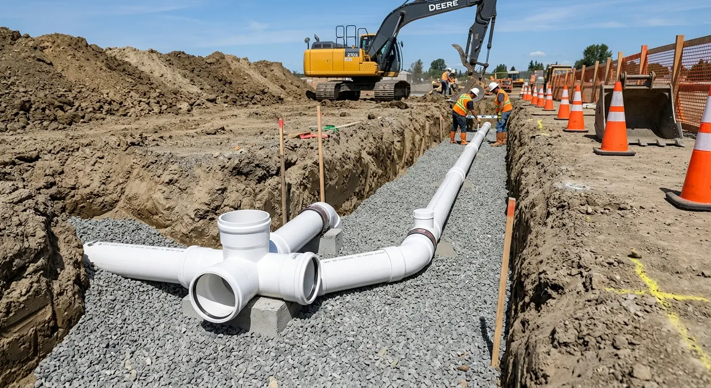 New PVC sewer pipe installation in open trench for Grease Trap Cleaning in Kill Devil Hills