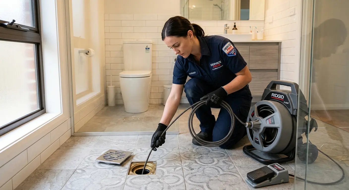 Technician clearing a bathroom floor drain for Sewer Line Installation in Kill Devil Hills